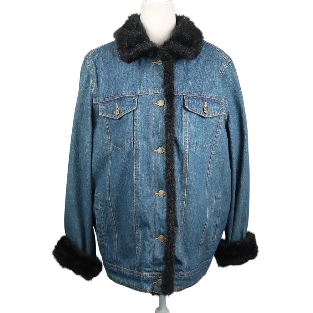 Vintage Dennis Basso Blue Denim Jacket Black Faux Fur Lined L